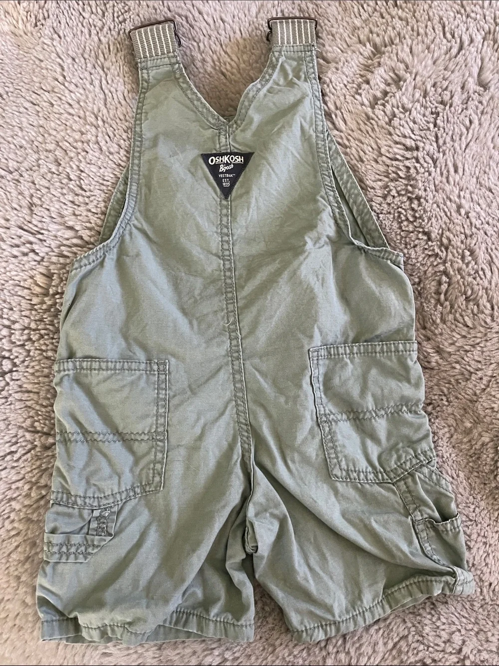 OshKosh B'gosh Sage Green Short Overalls with Striped Straps
